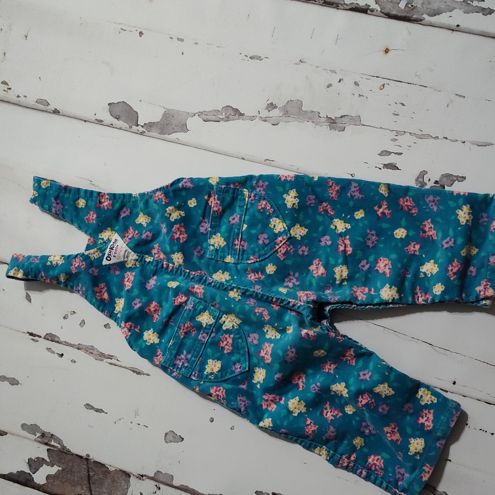 Vintage OshKosh B'gosh teal Blue Floral Overalls 12m - Picture 3 of 5